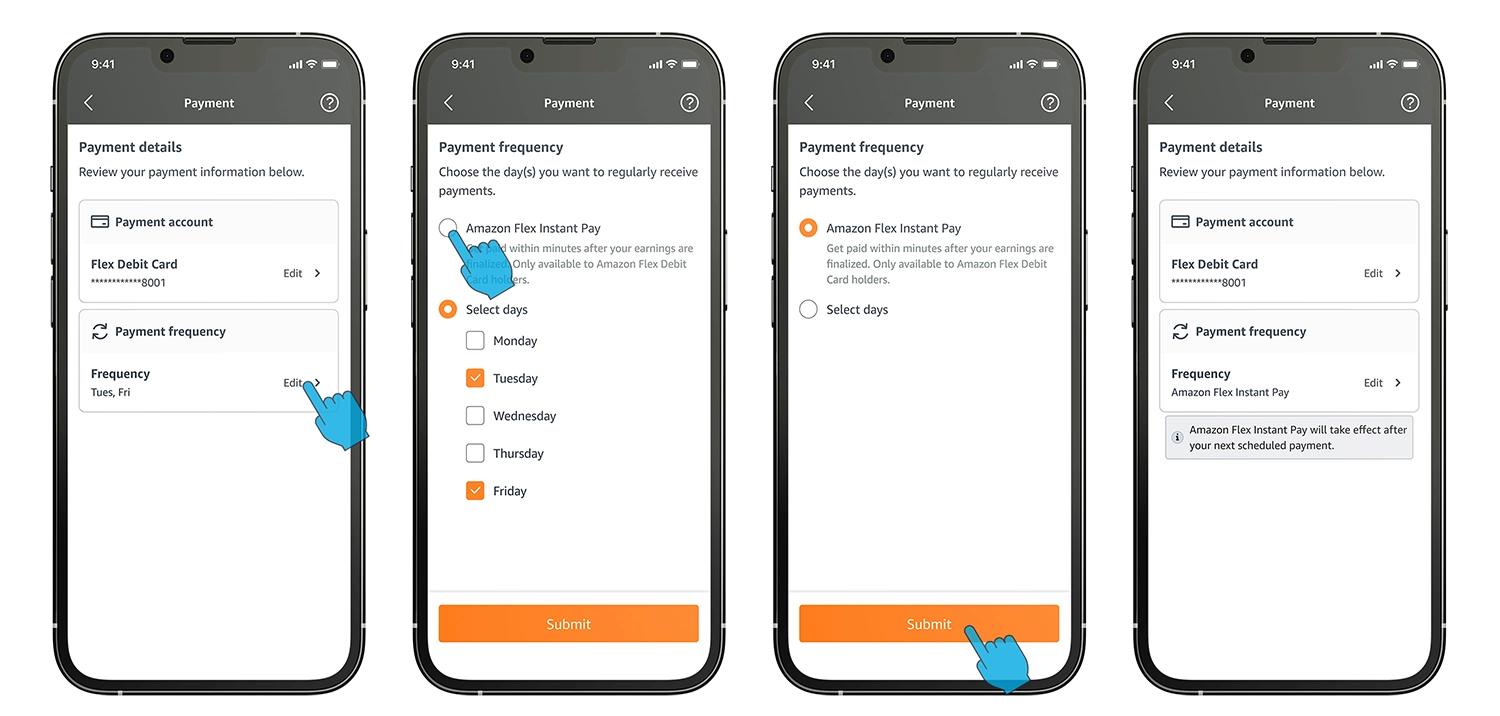 Screenshots of Amazon Flex Instant Pay setup