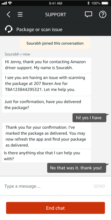 Example of Amazon Flex live chat support